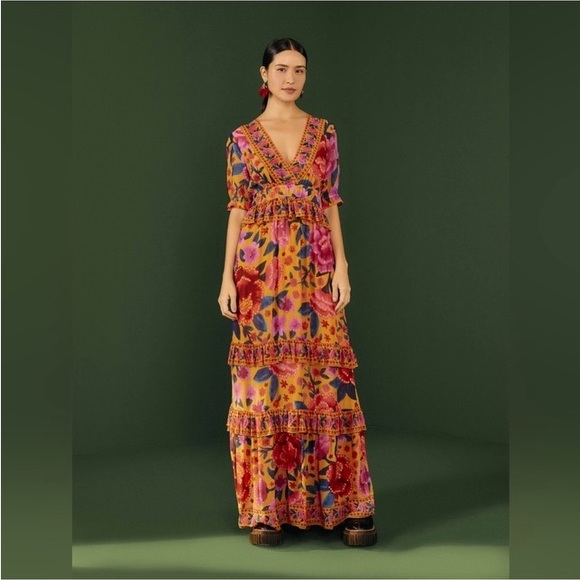 FARM RIO | FLORAL DREAM MAXI DRESS | Small | Anthropologie | Tiered Gown - Picture 8 of 10
